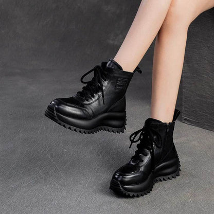 Handmade Woman Genuine Leather Sneakers Thick Soled Short Boots Height Increasing British style Platform Women&