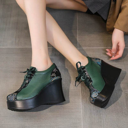 Spring Ethnic Style Women Genuine Leather Shoes Lace Up Wedges Heels Shoes Thick Sole Casual Ladies Platform Shoes - Touchy Style