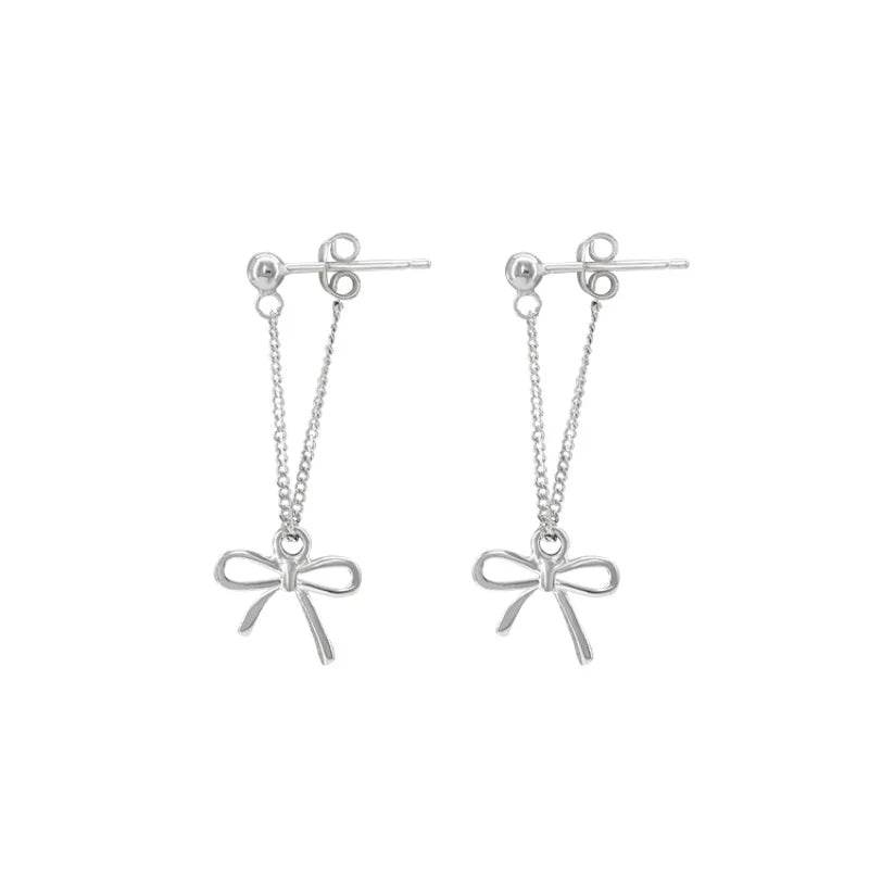 925 Sterling Silver Long Earring Charm Jewelry - Bowknot Hollow Out Chain - E1520 - Touchy Style