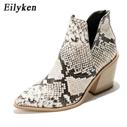 Autumn Winter Casual Western Cowboy Ankle Boots Women Snake Cowgirl Booties Short Cossacks Botas High Heels Shoes - Touchy Style