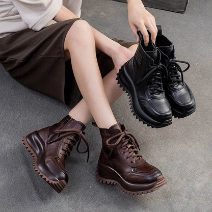 Handmade Woman Genuine Leather Sneakers Thick Soled Short Boots Height Increasing British style Platform Women&