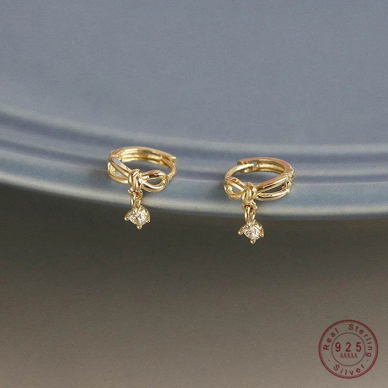 925 Sterling Silver Korean Sweet Bow Zircon Pendant Earrings for Women High Quality Simple Party Jewelry - Touchy Style
