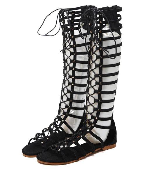 Designer Women Sandals Strappy Open toe Knee High Summer Gladiator Flat Sandals Roman Bandage Casual Boots Shoes - Touchy Style