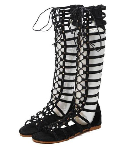 Designer Women Sandals Strappy Open toe Knee High Summer Gladiator Flat Sandals Roman Bandage Casual Boots Shoes - Touchy Style