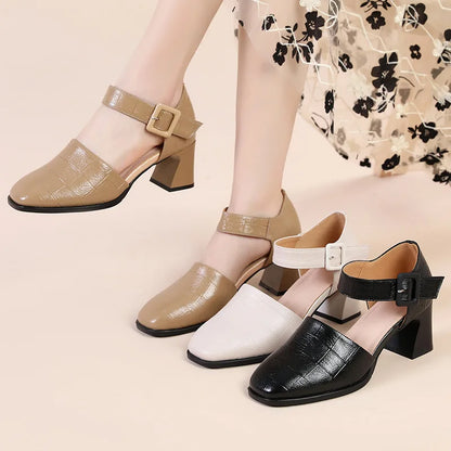 New Fashion Genuine Leather Sandals Woman High Heels Closed Toe Ladies Summer Buckle Strap Platform Shoes Women Sandals