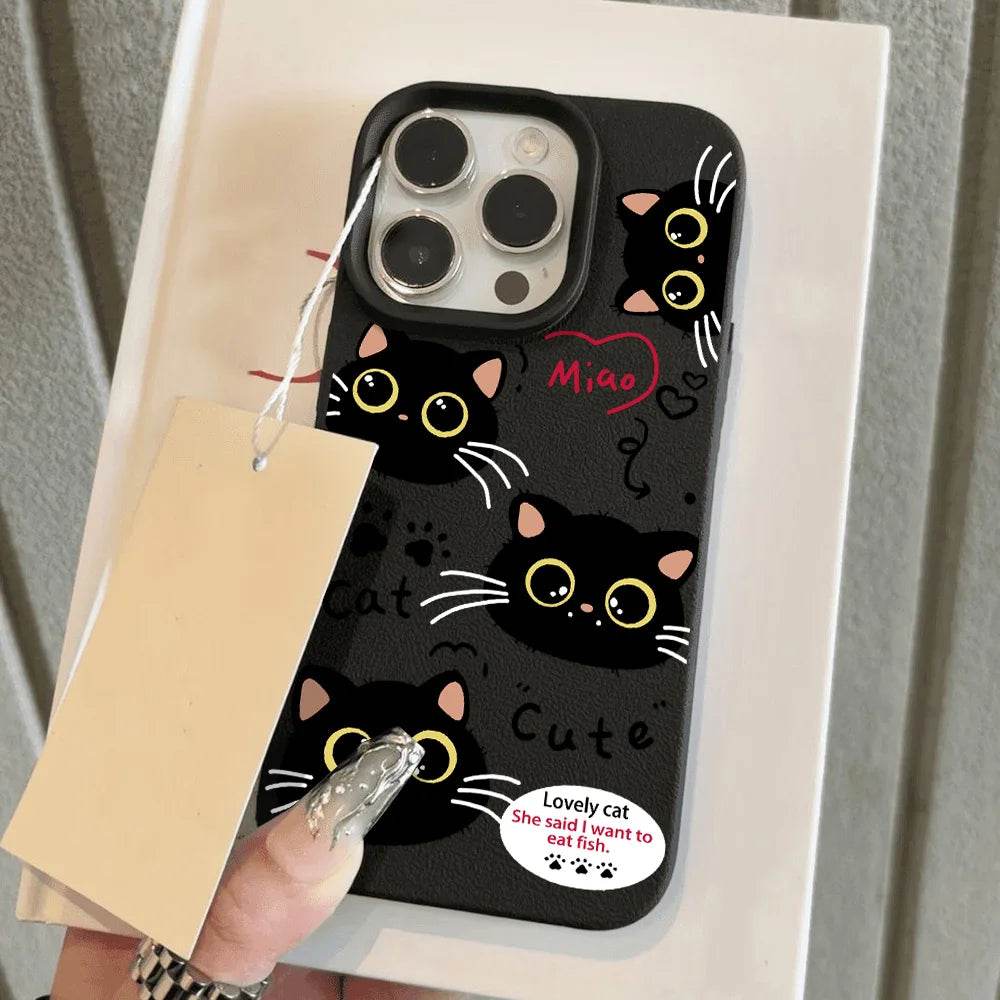 Cute Black Cat Phone Case For iPhone 16 Pro Max Case iPhone 13 11 15 12 14 Pro Max Plus Silicone Shockproof Matte Leather Cover - Touchy Style