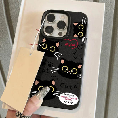 Cute Black Cat Phone Case For iPhone 16 Pro Max Case iPhone 13 11 15 12 14 Pro Max Plus Silicone Shockproof Matte Leather Cover - Touchy Style