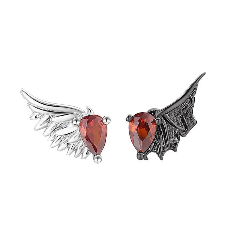 PANJBJ 925 Sterling Silver Red Zircon Studs Earring For Women Neo-Gothic Punk Wing Feather Angel Devil Jewelry Gift Dropshipping - Touchy Style