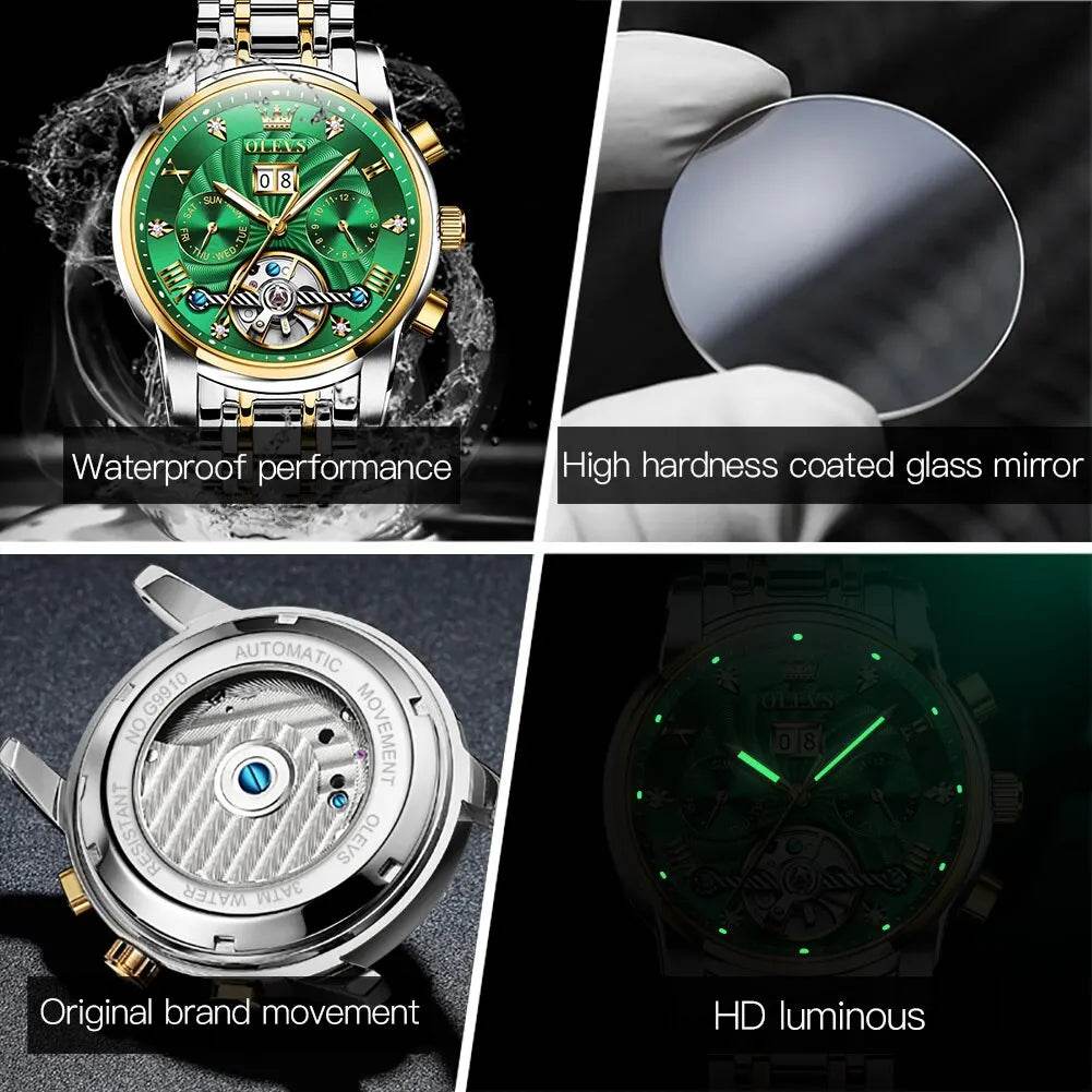 OLEVS Mens Watch Automatic Mechanical Tourbillon Slef-Wind Luxury Stainless Steel Strap Waterproof Luminous Date Wrist Watch - Touchy Style