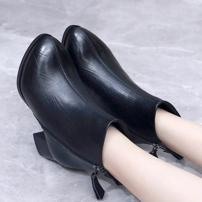 New Ankle Boots Women Pointed Toe Thick Heels Genuine Leather Shoes Short Boots Soft Sole Footwear Plus Size 35-43 - Touchy Style