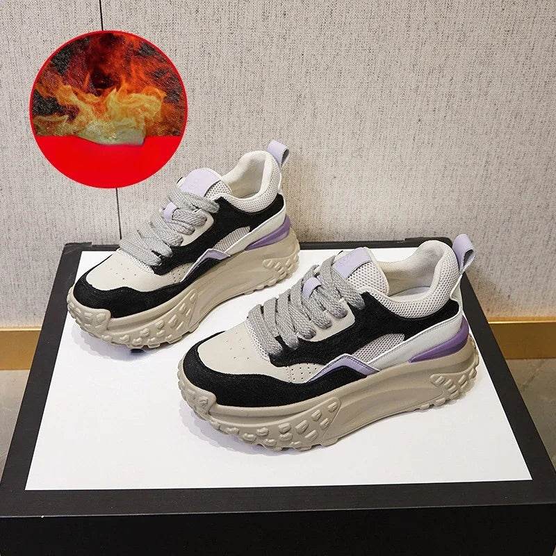 6cm Genuine Leather Platform Mesh Breathable Sneakers Chunky Hidden Heel Mixed Color Women Autumn Spring Vulcanize Shoes - Touchy Style
