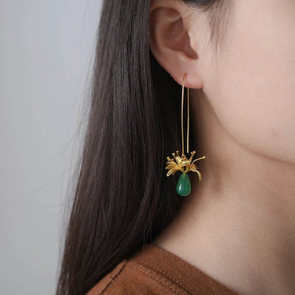 Lotus Fun Natural Gemstone Long Unusual Red Spider Lily Flower Dangle Earrings for Women 925 Sterling Silver Luxury Fine Jewelry - Touchy Style