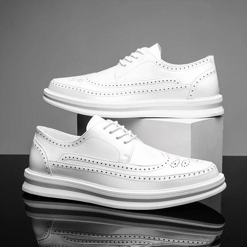 Fashion Derby Leather Men Shoes White Brogue Lace Up Solid Simple Dress Business Casual Party Wedding Flat Shoes For Man - Touchy Style