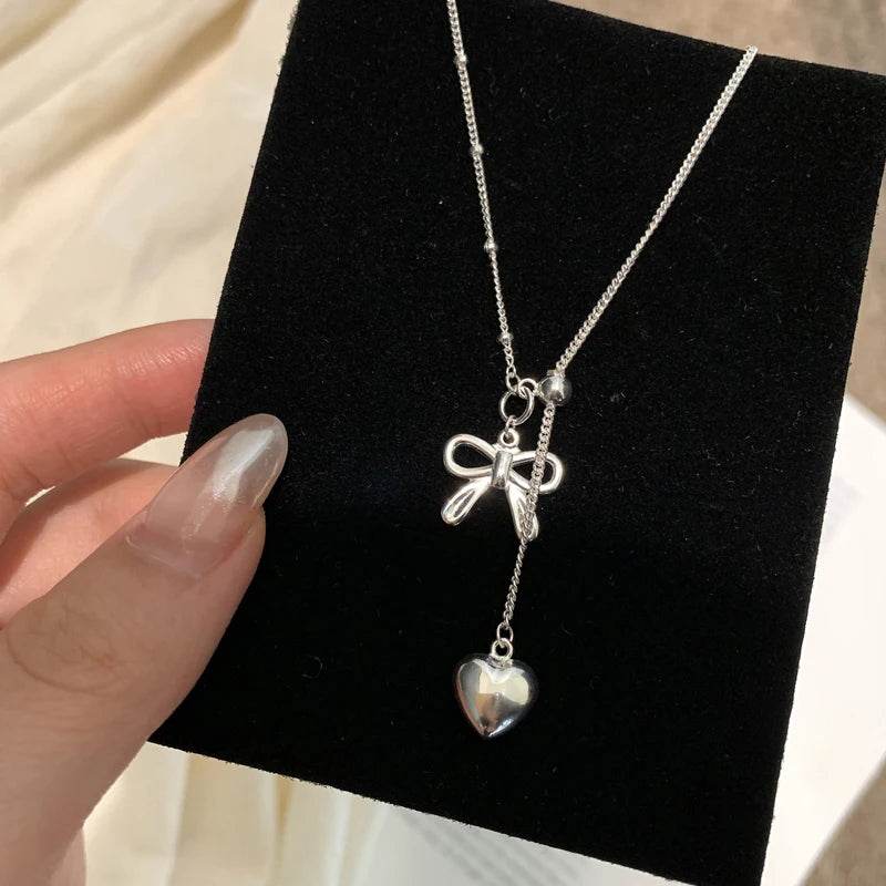 PANJBJ 925 Sterling Silver Bowknot Necklace For Women Love Heart Tassels Bead Choker Adjustable Jewelry Dropshipping - Touchy Style