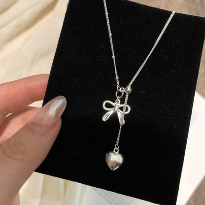 PANJBJ 925 Sterling Silver Bowknot Necklace For Women Love Heart Tassels Bead Choker Adjustable Jewelry Dropshipping - Touchy Style
