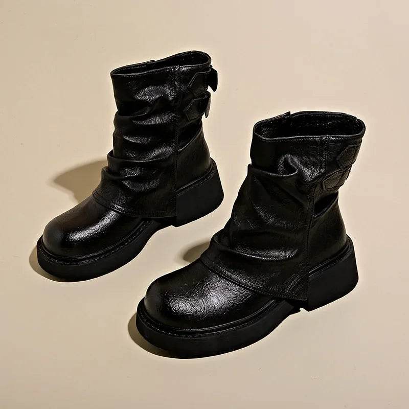 2024 Fall Fashion Boots Comfortable Mid-calf Boots Slim Leather shoes Versatile High Heel Boots socofy chaussures femmes - Touchy Style