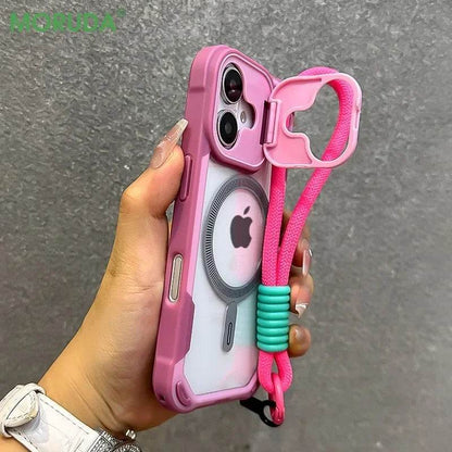 Lens Protection Bracket Magnetic Armor Case for iPhone 16 12 13 14 15 Pro Max Plus 11 Magsafe Charge With Wristband Phone Cover - Touchy Style