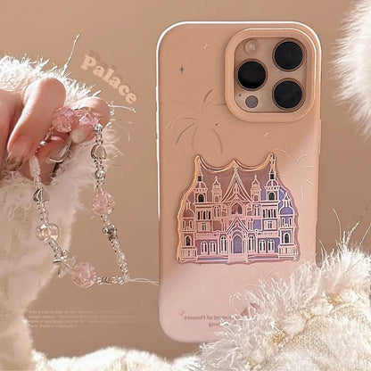 Cute Phone Cases For iPhone 16, 15, 14, 13, 12, 11 Pro Max - Pink Castle, Laser Art with Sweet Bracelet Pendant - IC1050 - Touchy Style