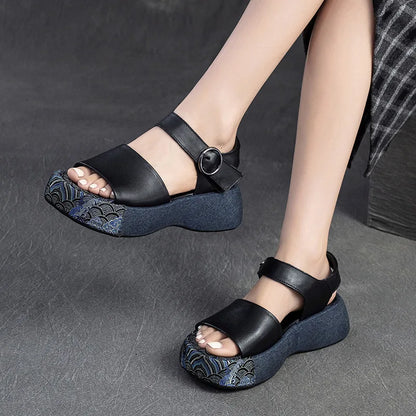 Summer New Thick Sole Peep Toe Sandals Genuine Leather Chinese Style Retro Versatile Women&