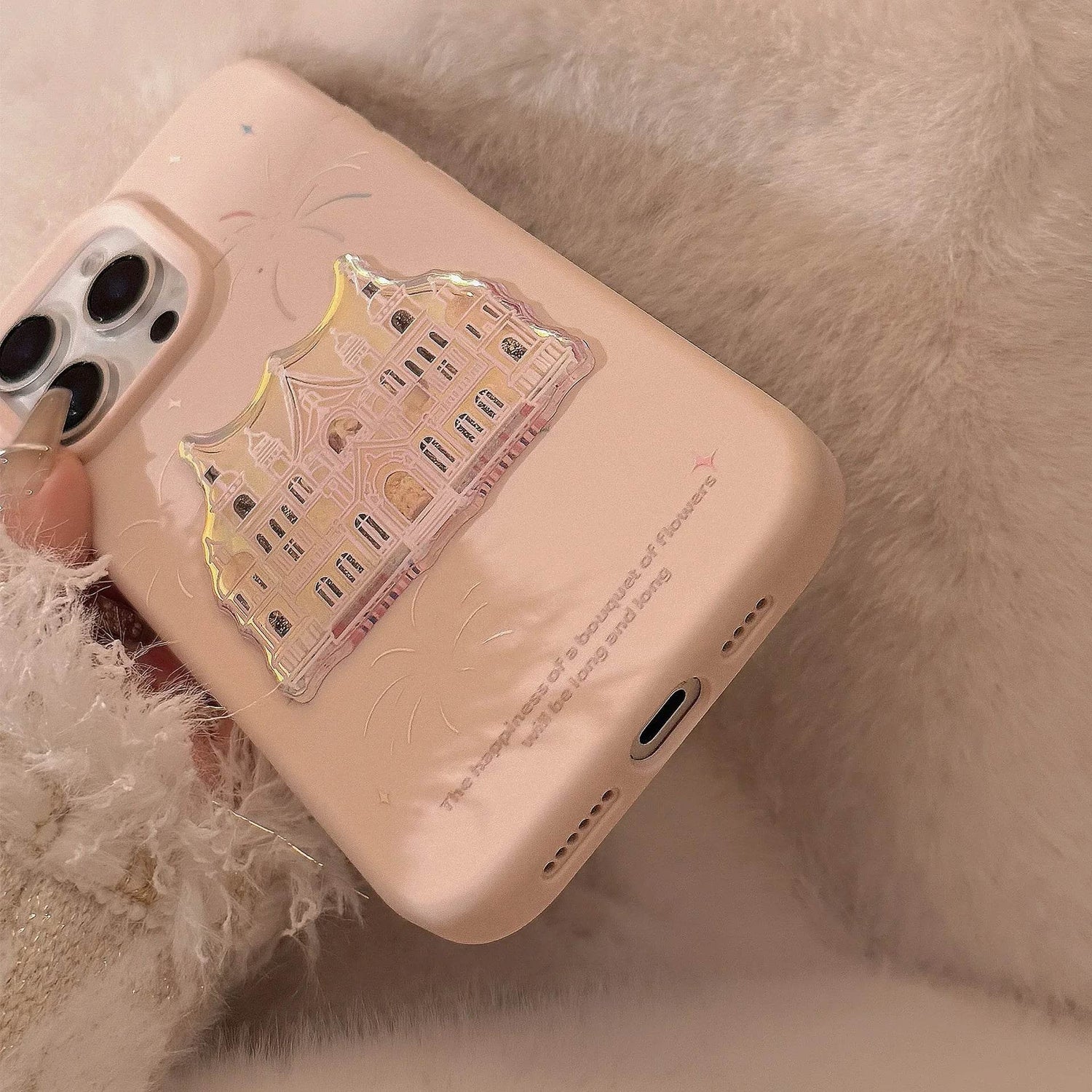 Cute Phone Cases For iPhone 16, 15, 14, 13, 12, 11 Pro Max - Pink Castle, Laser Art with Sweet Bracelet Pendant - IC1050 - Touchy Style