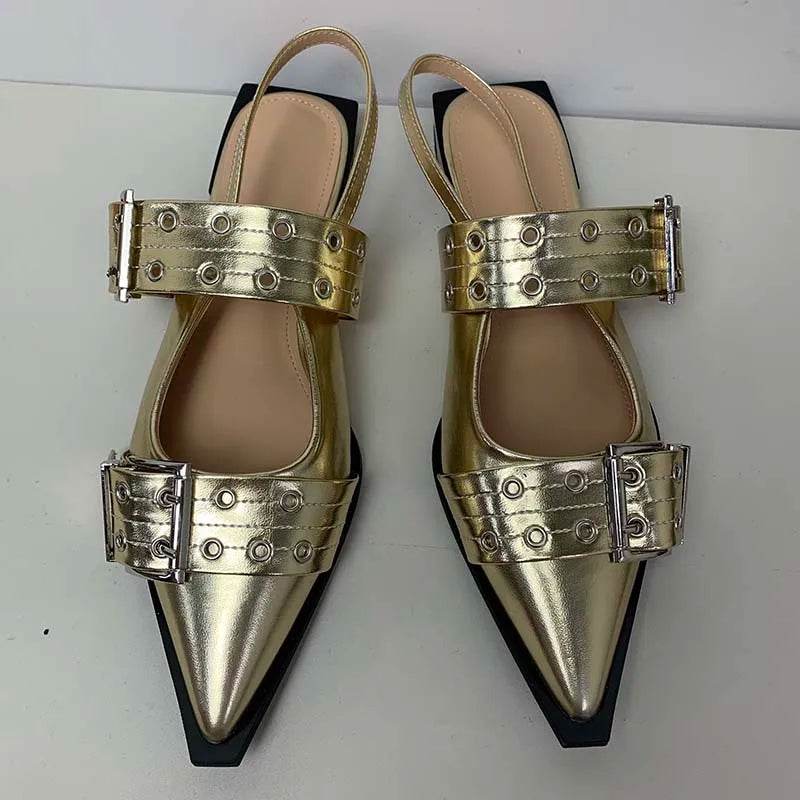 Women Gladiator Sandals Low Heels Shoes Gold Mules Designer Fashion Ladies Shoes For Slides Pointed Toe Casual Female Slippers - Touchy Style
