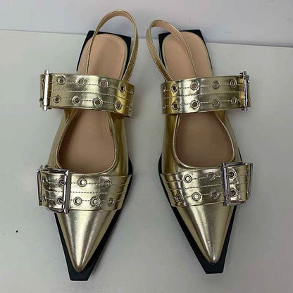 Women Gladiator Sandals Low Heels Shoes Gold Mules Designer Fashion Ladies Shoes For Slides Pointed Toe Casual Female Slippers - Touchy Style