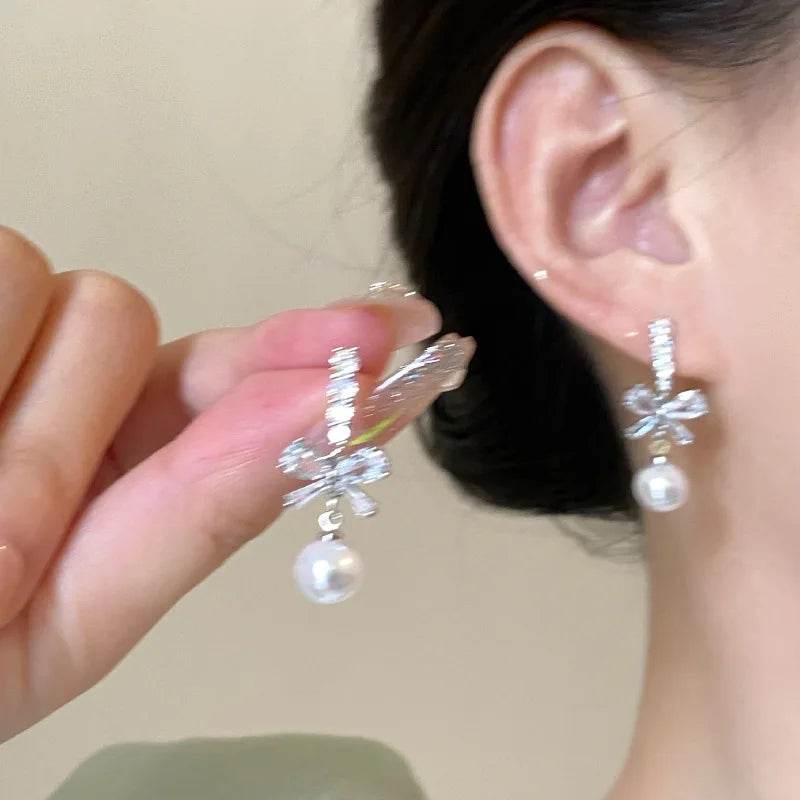 925 Sterling Silver Drop Earring Charm Jewelry - Classic Bowknot With Pearl - E9420 - Touchy Style