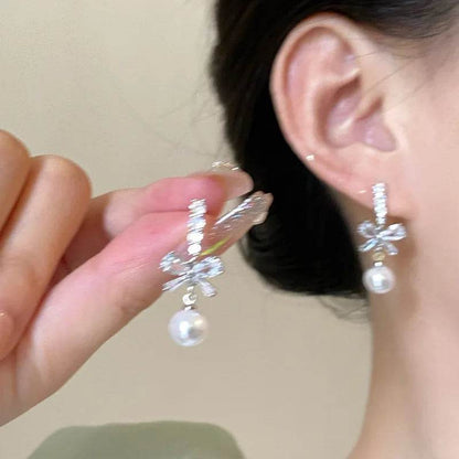 925 Sterling Silver Drop Earring Charm Jewelry - Classic Bowknot With Pearl - E9420 - Touchy Style