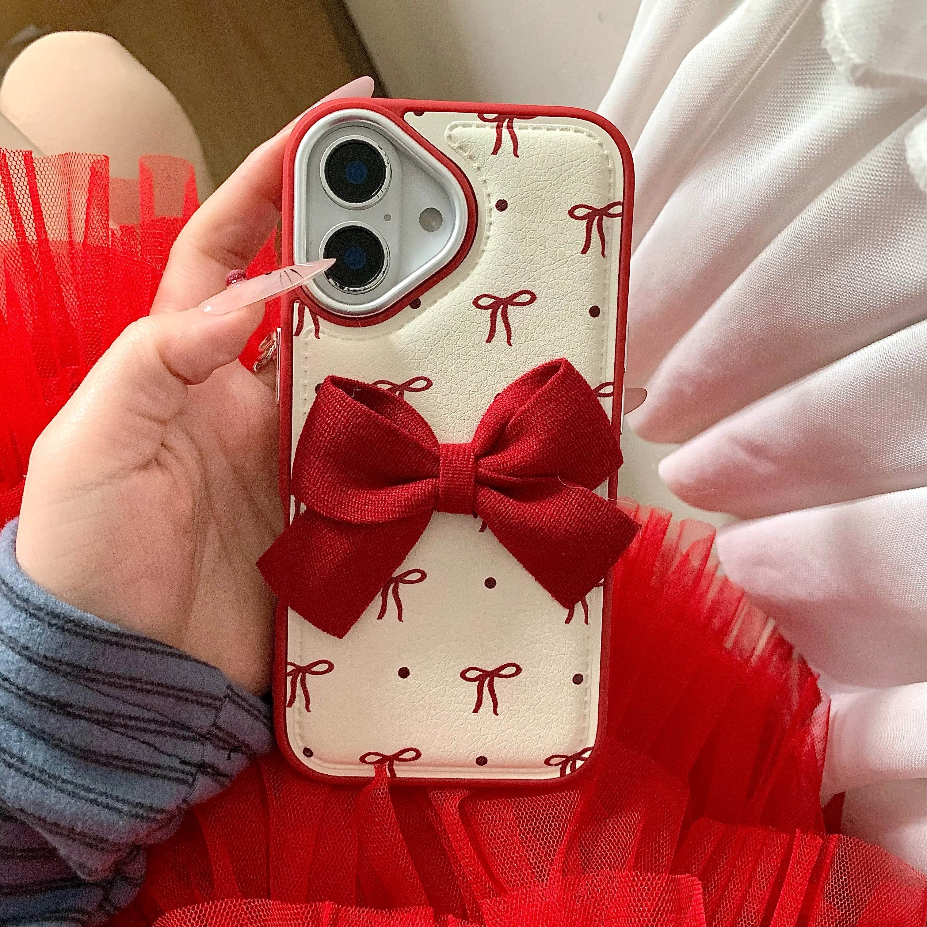 Cute Phone Cases - Leather Texture Red Bowknots - Vintage Back Cover for iPhone 16 15 14 13 Pro Max - Touchy Style
