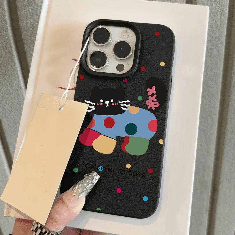 Cute Black Cat Phone Case For iPhone 16 Pro Max Case iPhone 13 11 15 12 14 Pro Max Plus Silicone Shockproof Matte Leather Cover - Touchy Style