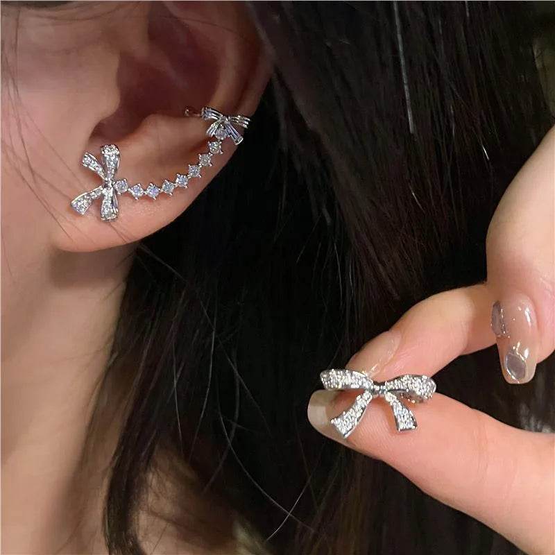 PANJBJ 925 Sterling Silver Bowknot Studs Earring for Women Zircon Asymmetric Originality Versatile Jewelry Gift Dropshipping - Touchy Style