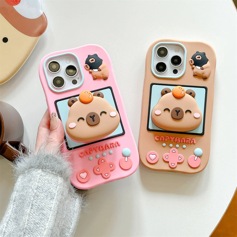 Lovely 3D Capybara Hidden Holder Stand Silicone Phone Case For iPhone 11 12 13 14 15 16 Pro Max Plus Cute Girl Cover