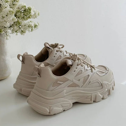 BeauToday Chunky Sneakers Women Synthetic Leather Mesh Patchwork Round Toe Lace-Up Thick Sole Ladies Sports Shoes Handmade 29448