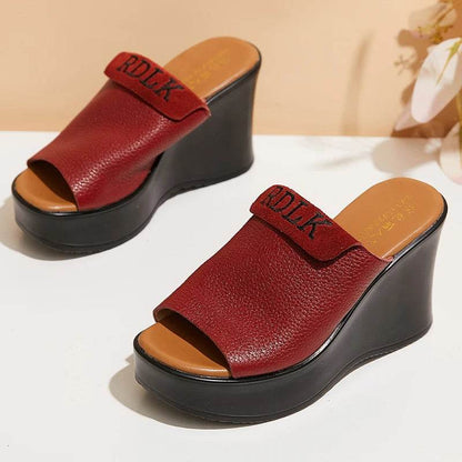 Retro Slippers Genuine Leather Shoes Handmade Slides Woman Slipper Peep Toe Platform Wedge Clogs For Women - Touchy Style