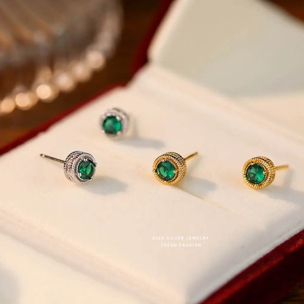 925 Sterling Silver French Light Luxury Baroque Carved Green Zircon Stud Earrings For Women Wedding Party Jewelry - Touchy Style