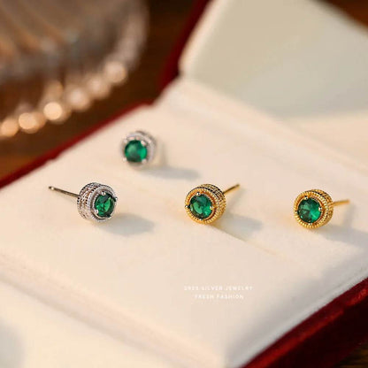 925 Sterling Silver French Light Luxury Baroque Carved Green Zircon Stud Earrings For Women Wedding Party Jewelry - Touchy Style
