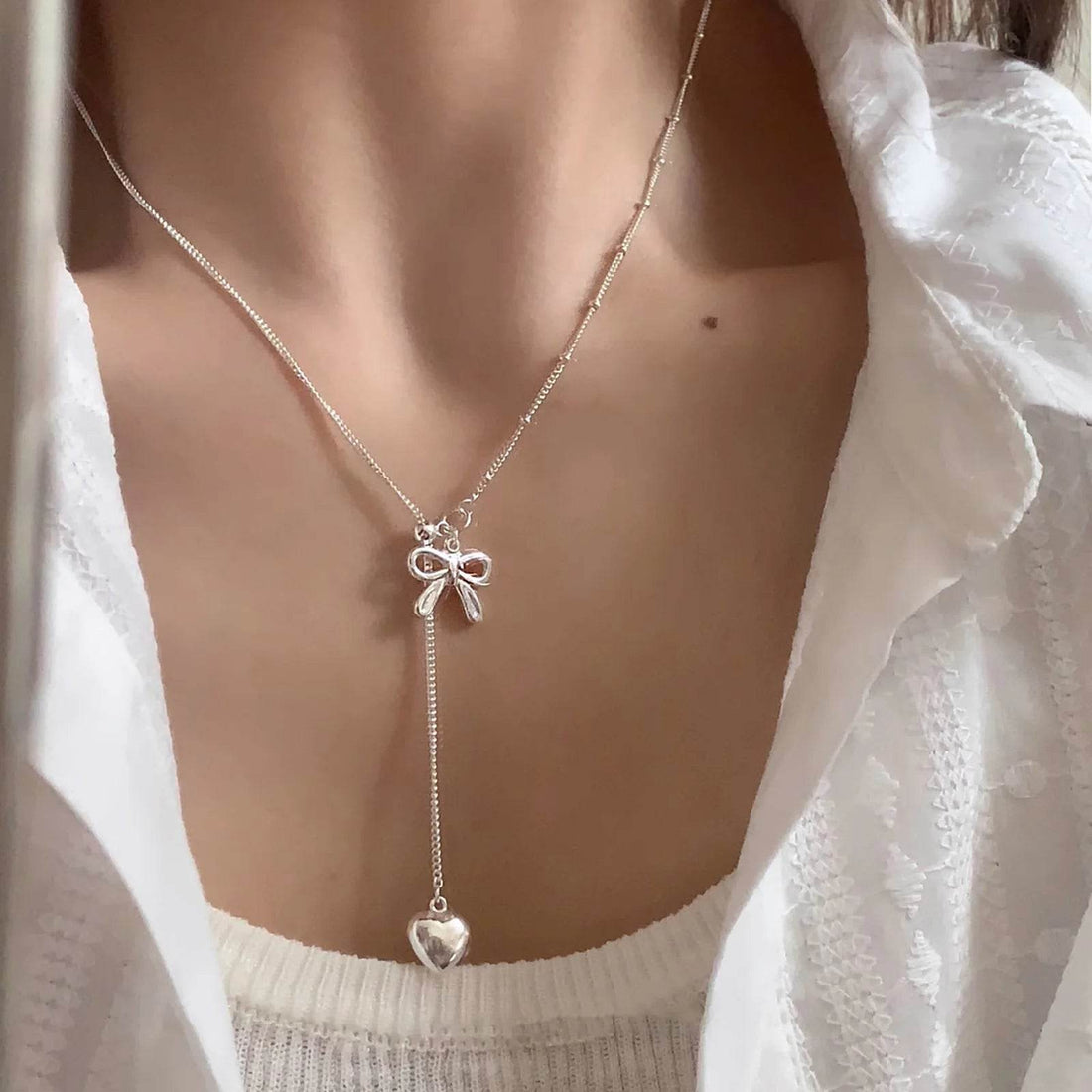 PANJBJ 925 Sterling Silver Bowknot Necklace For Women Love Heart Tassels Bead Choker Adjustable Jewelry Dropshipping - Touchy Style