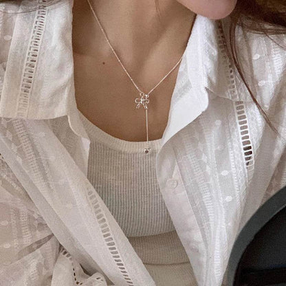 PANJBJ 925 Sterling Silver Bowknot Necklace For Women Love Heart Tassels Bead Choker Adjustable Jewelry Dropshipping - Touchy Style
