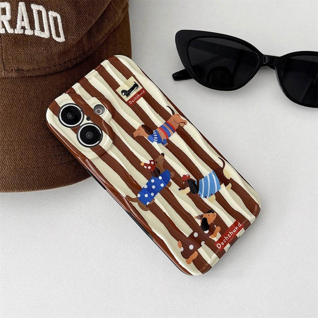 Cute Phone Cases For iPhone 16, 15, 14, 13, 12 Pro Max - Cartoon Dachshund Dog - Stripes 3D Wavy Soft Cover - PC5520 - Touchy Style
