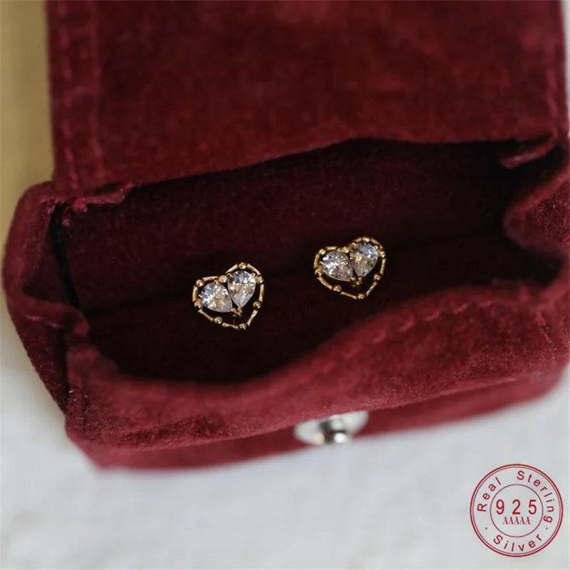 925 Sterling Silver Plated 18K Gold Zircon Heart Earrings for Women Korean Cute Sweet Party Jewelry - Touchy Style