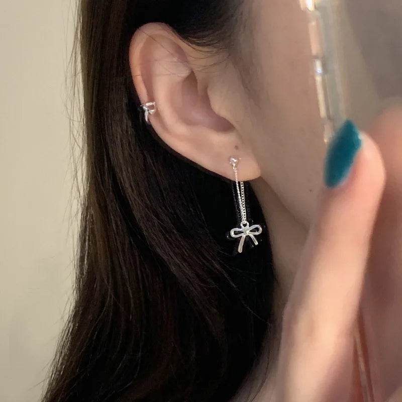 925 Sterling Silver Long Earring Charm Jewelry - Bowknot Hollow Out Chain - E1520 - Touchy Style