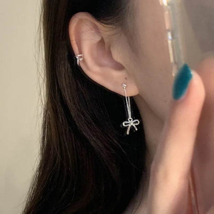 925 Sterling Silver Long Earring Charm Jewelry - Bowknot Hollow Out Chain - E1520 - Touchy Style