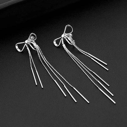PANJBJ 925 Sterling Silver Bowknot Clip Earring for Women Hollow Out Tassels Ins Versatile Geometry Jewelry Gift Dropshipping - Touchy Style