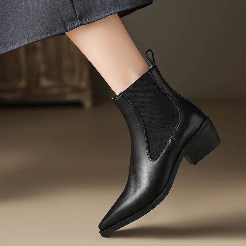 JOZHAMTA Size 32-44 Women Vintage Ankle Boots Genuine Leather Slip-On Chunky Heels Western Boots Fall Winter 2025 Fashion Boots - Touchy Style