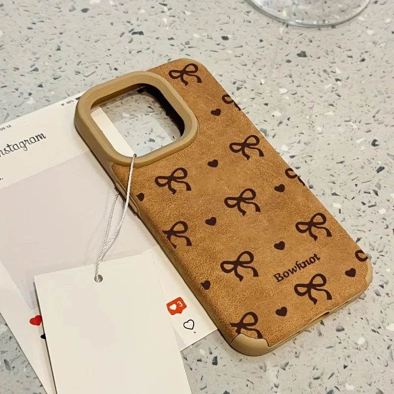 Cute Phone Cases For iPhone 16 15 14 Pro Max XS X XR 11 12 13 15 16 Plus - Simple Hearts Dots Bow Pattern - Leather Cover - Touchy Style