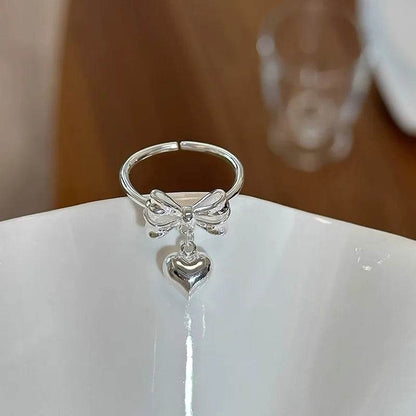 PANJBJ 925 Sterling Silver Bowknot Ring for Women Love Heart Minimalism Sweet Romantic Adjustable Jewelry Gift Dropshipping - Touchy Style