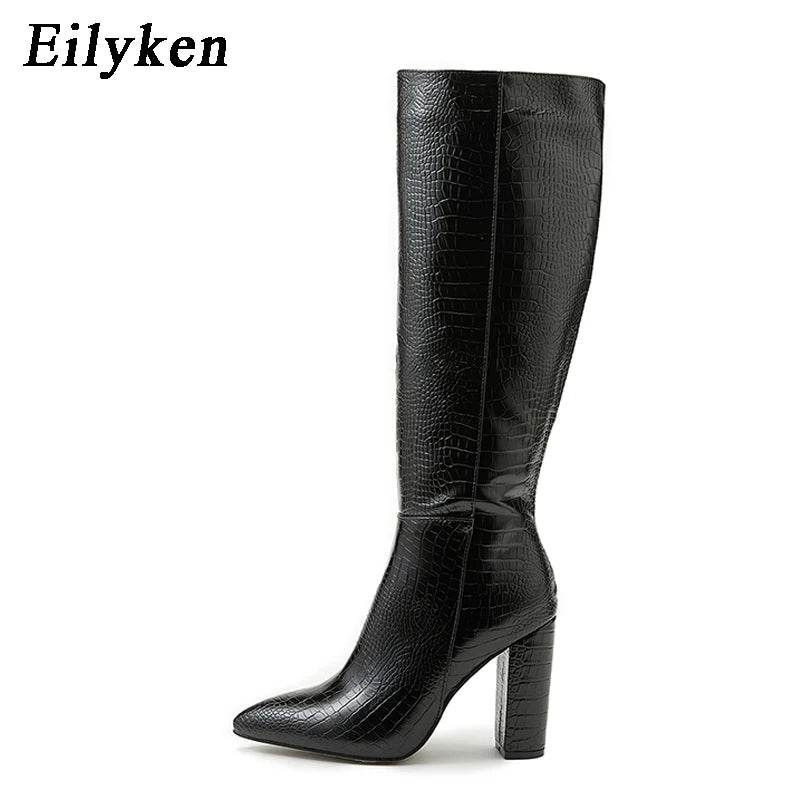 Black Serpentine Fashion Women Knee High Boots Sexy Pointed Toe Square Heels Ladies Long Boot Zipper Female Shoes - Touchy Style