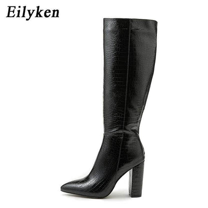 Black Serpentine Fashion Women Knee High Boots Sexy Pointed Toe Square Heels Ladies Long Boot Zipper Female Shoes - Touchy Style