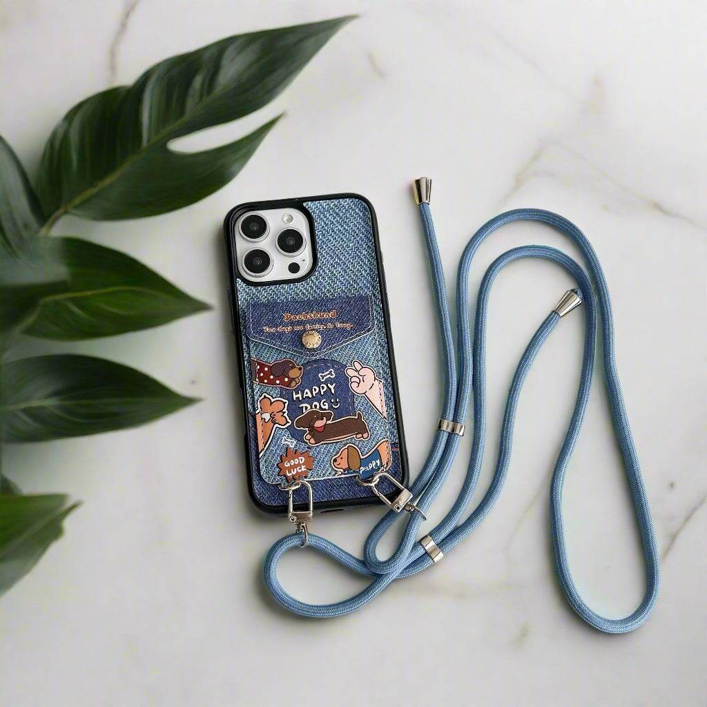 Cute Phone Cases For iPhone 16, 15, 14, 13 Pro Max - Denim Cloth Embroidery Cartoon Dog - PC5320 - Touchy Style