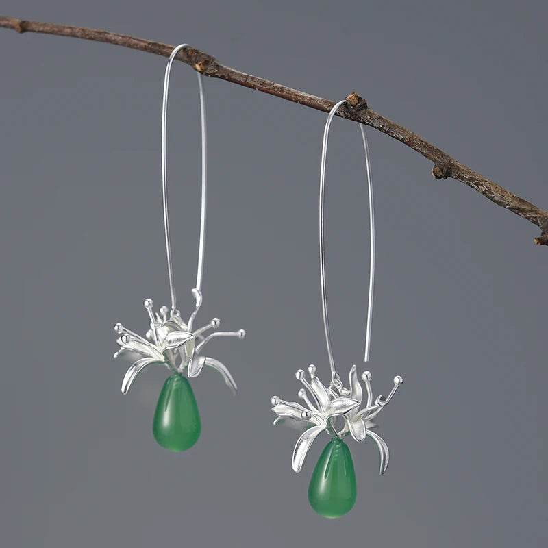 Lotus Fun Natural Gemstone Long Unusual Red Spider Lily Flower Dangle Earrings for Women 925 Sterling Silver Luxury Fine Jewelry - Touchy Style